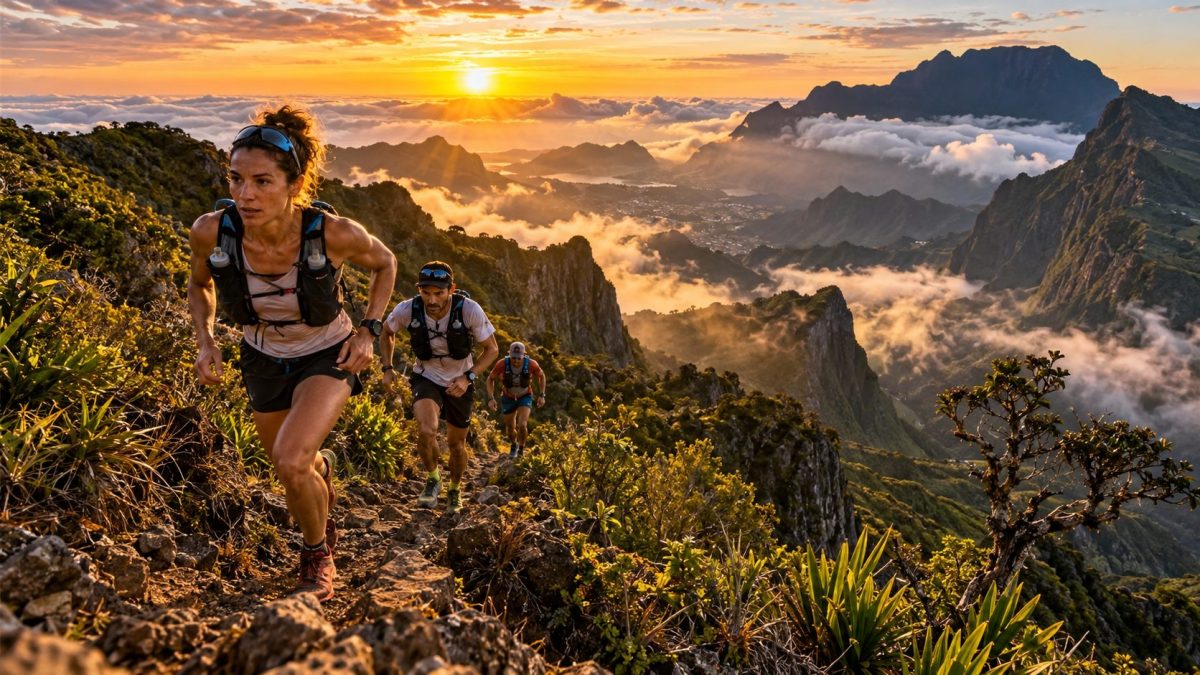 Coureurs de trail gravissant un sentier escarpé dans les montagnes volcaniques de La Réunion, au lever du soleil, à l’occasion du Grand Raid 2026.