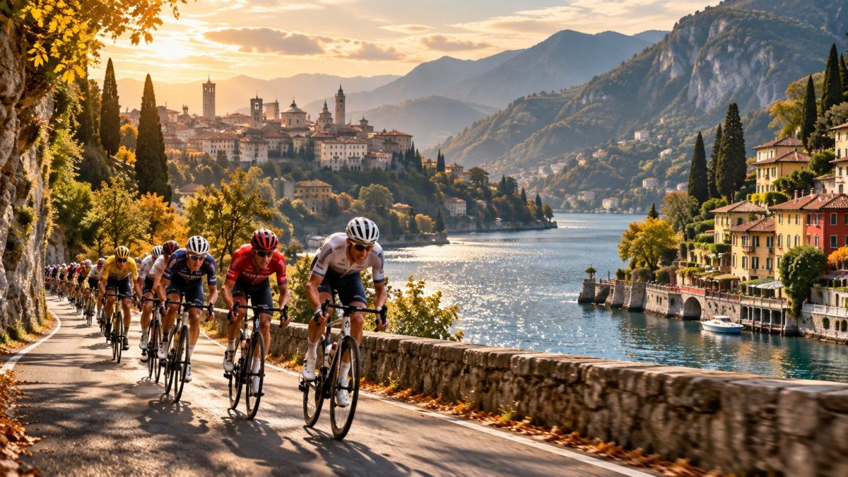 Peloton de l’Il Lombardia 2026 sur les routes du lac de Côme dans le décor automnal des montagnes lombardes