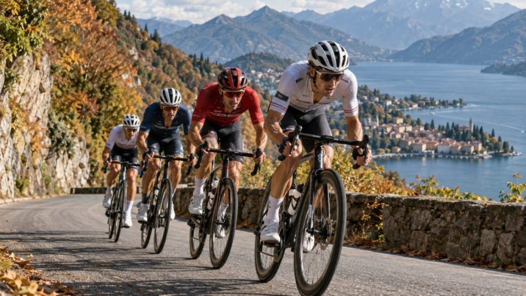 Coureurs d’Il Lombardia 2026 dans une montée au-dessus du lac de Côme en Lombardie