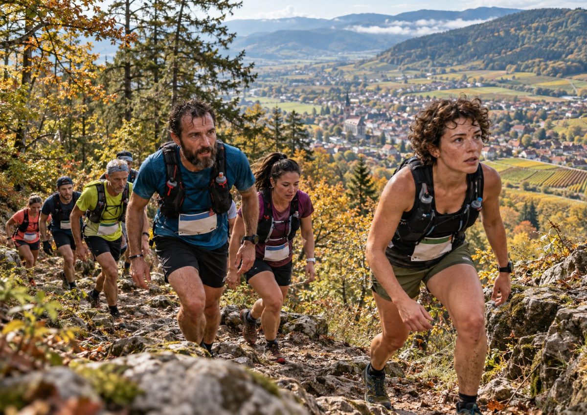 Traileurs en montée sur les hauteurs de Guebwiller lors de La Fastienne 2026 avec vue sur la vallée alsacienne