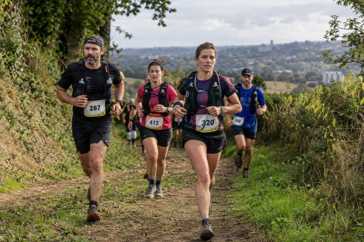 Coureurs et coureuses sur un sentier de campagne lors de La Tollevastaise 2026 à Tollevast dans la Manche