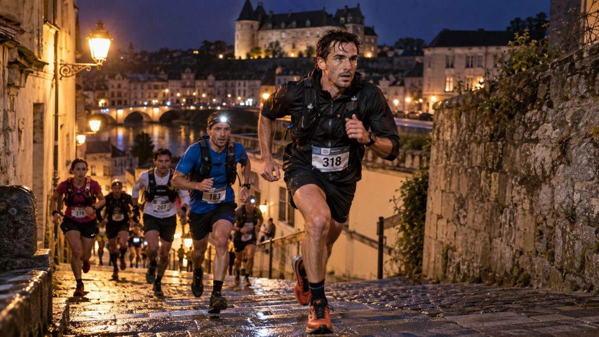 Coureurs du Laval Urban Trail 2026 de nuit dans les rues historiques de Laval, avec pavés, escaliers et monuments illuminés