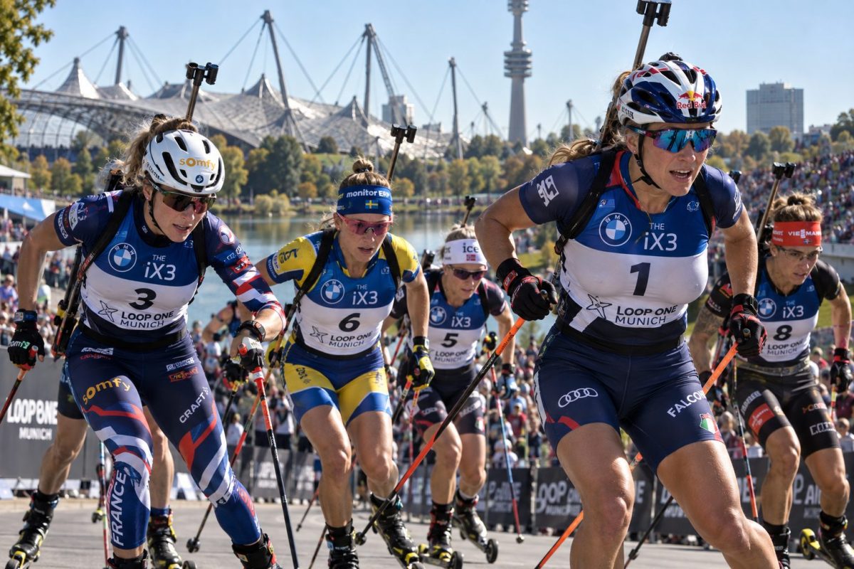 Biathlètes féminines en pleine course de ski-roues lors du Loop One Festival de Munich 2026, devant le stade olympique et les spectateurs.