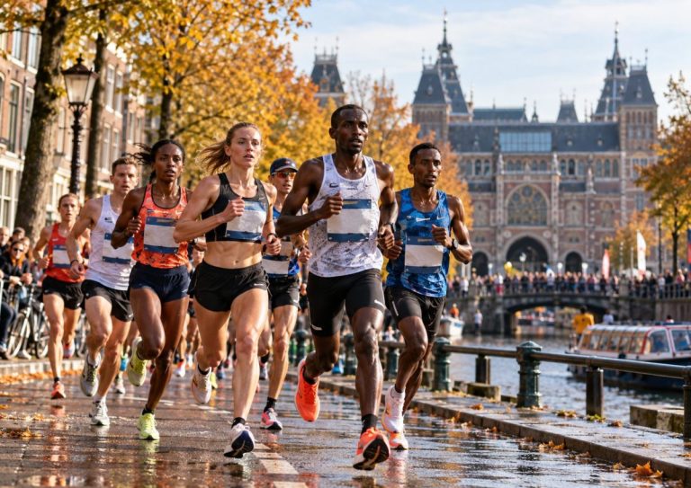 Coureurs et coureuses du Marathon d’Amsterdam 2026 longeant un canal de la capitale néerlandaise, avec le Rijksmuseum en arrière-plan, des spectateurs et des arbres aux couleurs de l’automne.