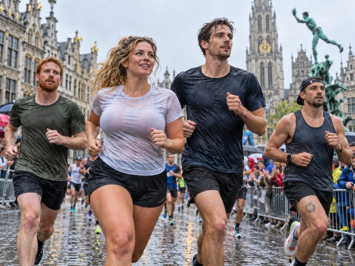 Trois hommes et une femme aux cheveux blonds ondulés courant sous une pluie légère lors du Marathon d’Anvers 2026, sur les pavés mouillés du centre historique, avec la cathédrale Notre-Dame d’Anvers et la fontaine de Brabo en arrière-plan.