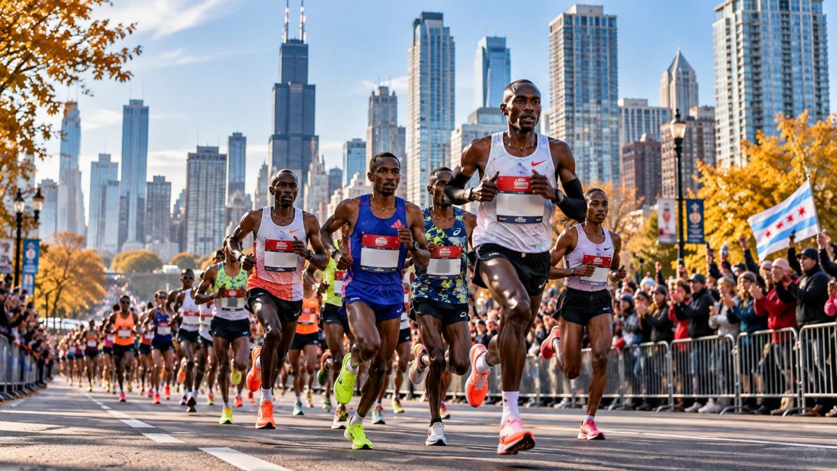Les coureurs élites du Marathon de Chicago 2026 en pleine course dans les rues de Chicago, avec les gratte-ciel et une foule nombreuse en arrière-plan