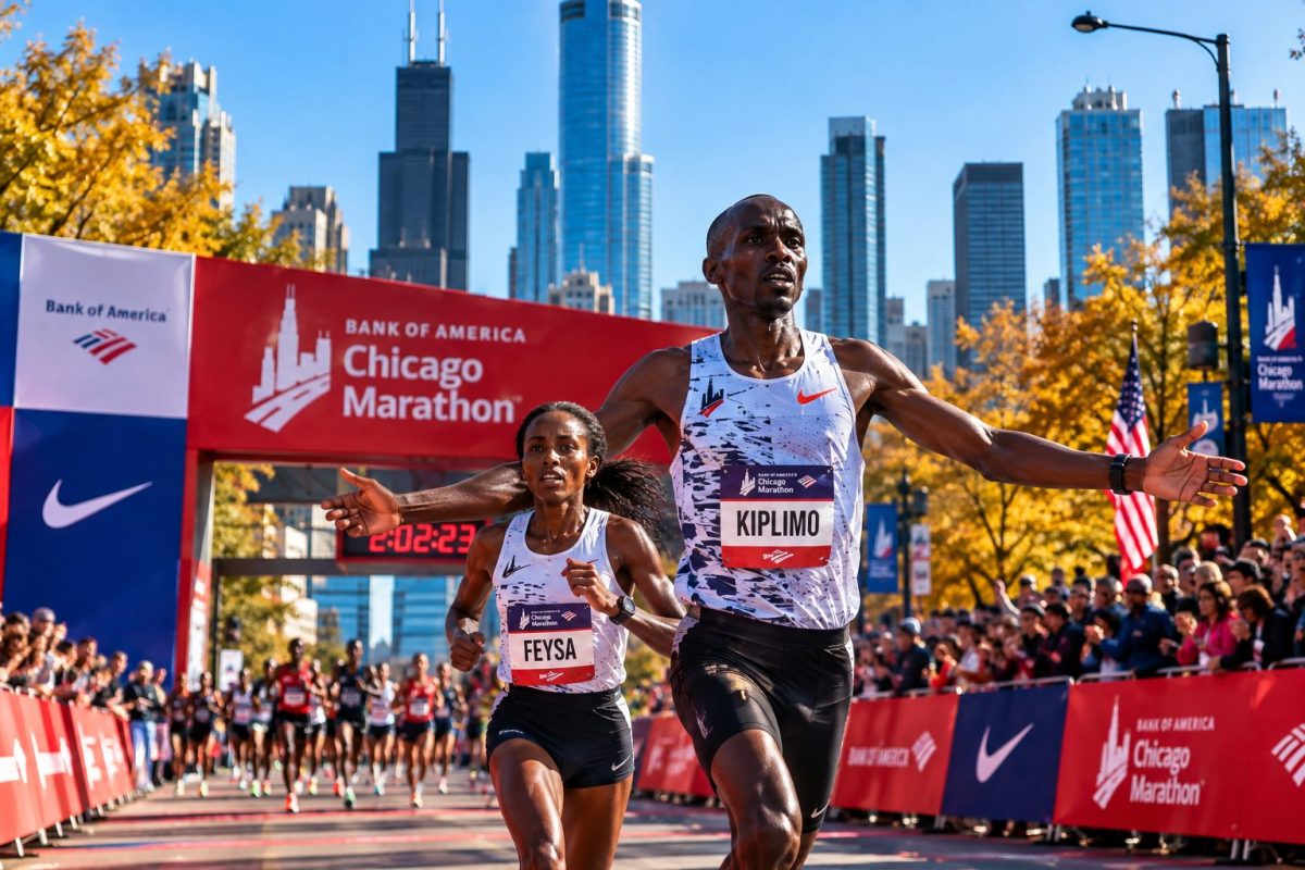 Couple de coureurs franchissant la ligne du Marathon de Chicago