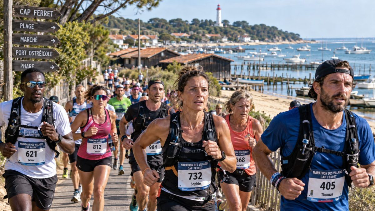 Coureurs et coureuses de différents âges en plein effort lors du Marathon des Villages 2026 au Cap-Ferret, sur un chemin bordant le bassin d’Arcachon, avec les cabanes ostréicoles, les bateaux et le phare du Cap-Ferret en arrière-plan.