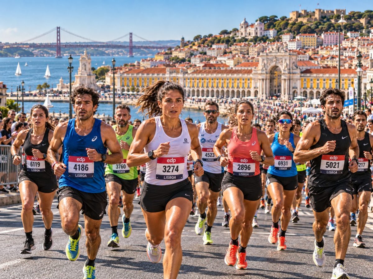 Coureurs et coureuses en plein effort lors du Marathon de Lisbonne 2026 avec la place du Commerce et le Tage en arrière-plan