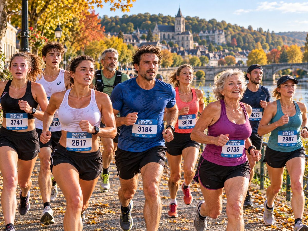 Groupe de coureurs et coureuses de différents âges en plein effort lors du Marathon Seine-Eure 2026, avec leurs dossards, sur un parcours automnal au bord de l’eau, dans un décor urbain et boisé.