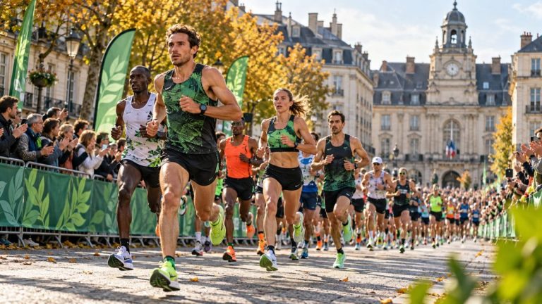 Coureurs et coureuses en tête de course lors du Marathon Vert de Rennes 2026, dans les rues du centre-ville de Rennes, avec foule, barrières vertes et lumière automnale.