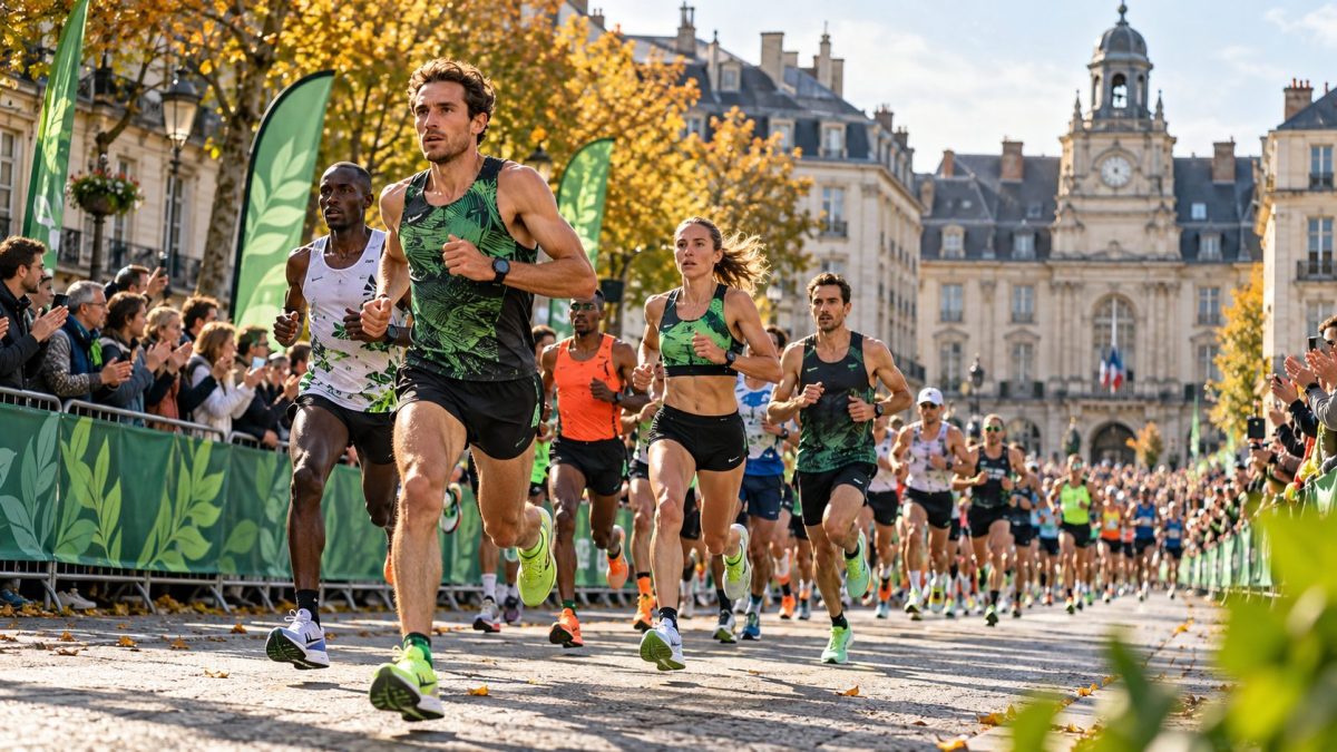 Coureurs et coureuses en tête de course lors du Marathon Vert de Rennes 2026, dans les rues du centre-ville de Rennes, avec foule, barrières vertes et lumière automnale.