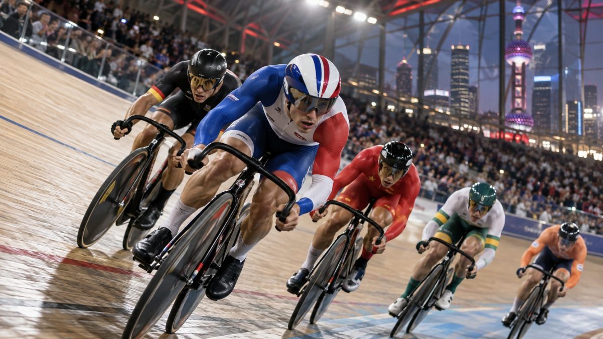 Cyclistes internationaux lancés à pleine vitesse sur la piste d’un vélodrome, avec un coureur français en tête, illustration des Championnats du monde de cyclisme sur piste 2026 à Shanghai.