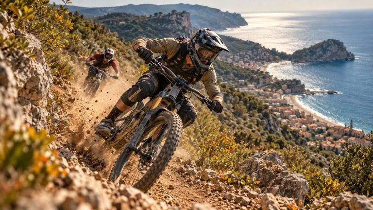 Vététistes en pleine descente sur un sentier rocheux à Finale Ligure lors des Mondiaux Enduro VTT 2026, avec la mer Ligure en arrière-plan