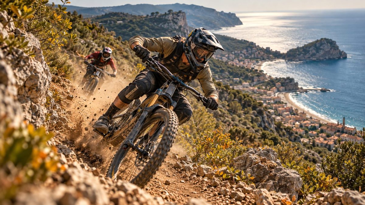 Vététistes en pleine descente sur un sentier rocheux à Finale Ligure lors des Mondiaux Enduro VTT 2026, avec la mer Ligure en arrière-plan