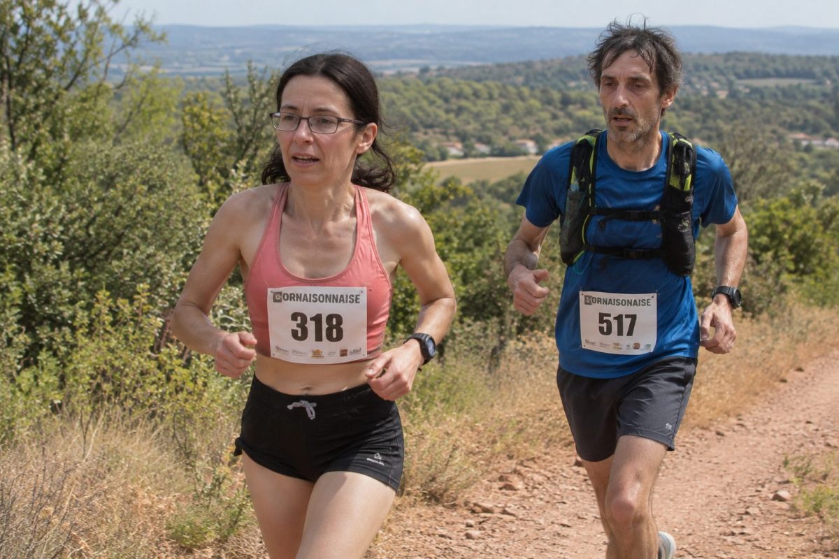 Deux participants à L’Ornaisonnaise 2026, une femme en débardeur rose et short noir et un homme en t-shirt bleu, courent sur un sentier caillouteux au milieu de la végétation méditerranéenne, avec des collines boisées en arrière-plan.