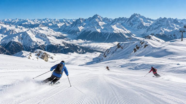 Des skieurs dévalent les pistes de ski