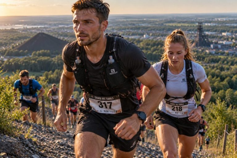 Traileurs en pleine montée sur un sentier escarpé lors du Reims Champagne Run Sacré Trail 2026, avec le paysage champenois en arrière-plan.
