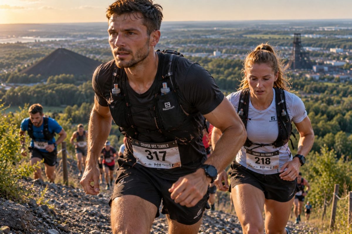 Traileurs en pleine montée sur un sentier escarpé lors du Reims Champagne Run Sacré Trail 2026, avec le paysage champenois en arrière-plan.