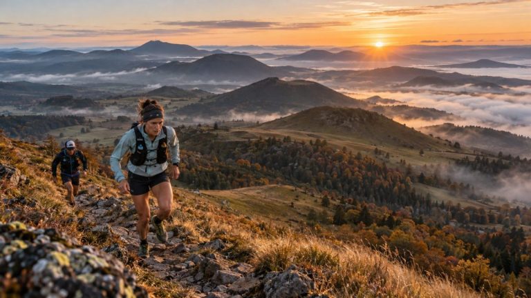 Deux coureurs d'ultra-trail gravissent un sentier rocheux dans les montagnes d'Auvergne au lever du soleil, illustration du 360° Ultra-Trail 130 km des Grands Trails d'Auvergne 2026.