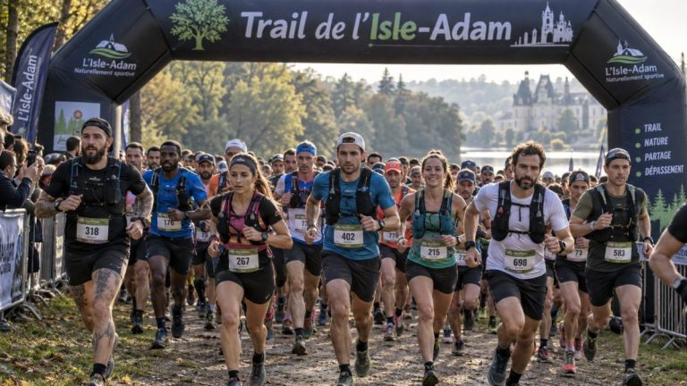 Départ du Trail de l’Isle-Adam 2026 avec les coureurs lancés sous l’arche de départ