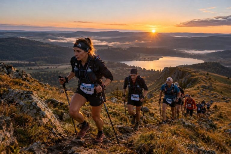 Coureurs de trail gravissant un sentier rocheux au lever du soleil dans les montagnes d’Auvergne, illustration du X-Ultra-Trail 80 km des Grands Trails d’Auvergne 2026.