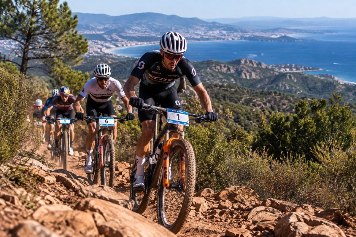 Plusieurs vététistes en pleine compétition sur un sentier rocailleux du massif des Maures, avec la Méditerranée en arrière-plan, illustration du Roc d’Azur CIC 2026 à Fréjus.