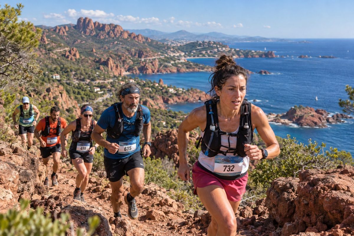 Traileurs en montée dans les roches rouges du massif de l’Estérel lors du Roc Trail Estérel 2026 avec la Méditerranée en arrière-plan