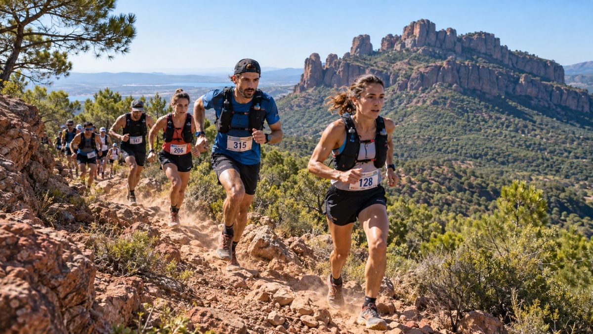 Coureurs et coureuses de trail en pleine ascension sur un sentier rocailleux, avec le Rocher de Roquebrune en arrière-plan, illustration du Roc Trail 2026 à Roquebrune-sur-Argens.