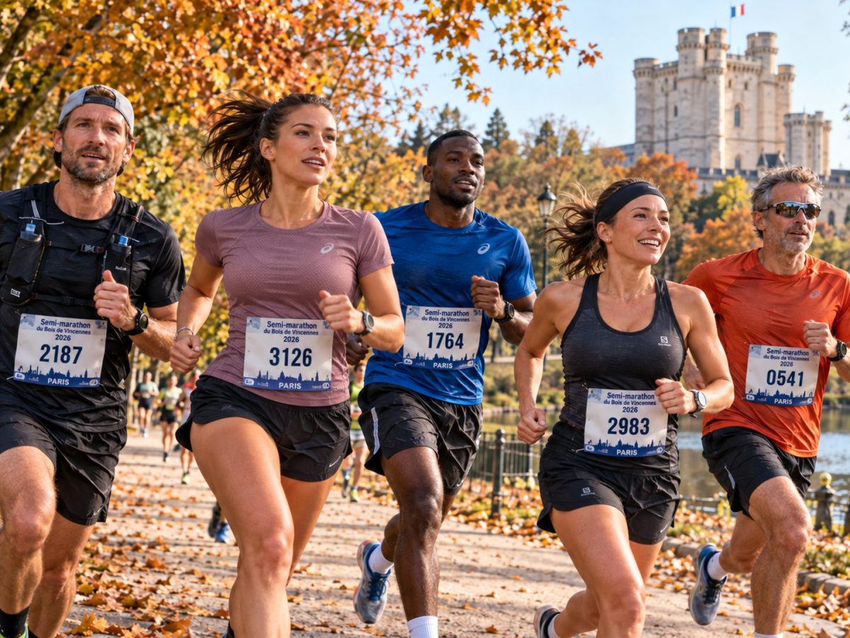 Cinq coureurs et coureuses de différents âges participant au Semi-marathon du Bois de Vincennes 2026, sur un chemin bordé d'arbres aux couleurs automnales, avec le château de Vincennes en arrière-plan.