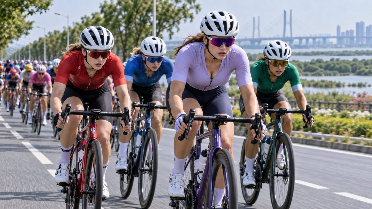 Peloton féminin du Tour of Chongming Island 2026 sur les routes de l’île de Chongming en Chine