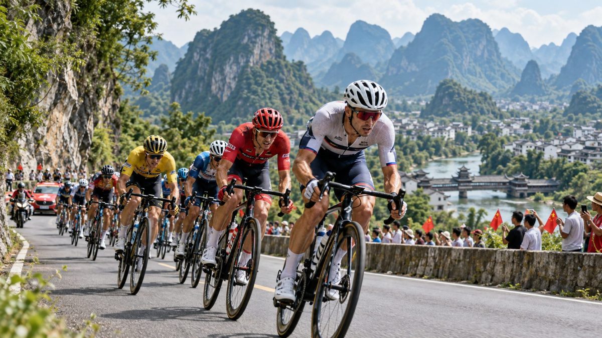 Peloton de cyclistes professionnels sur une route montagneuse du Guangxi, en Chine, lors du Tour du Guangxi 2026, avec les montagnes karstiques en arrière-plan.