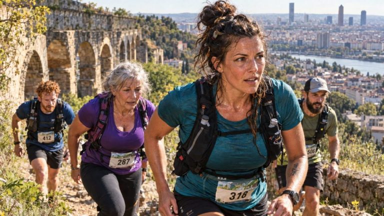 Traileurs en plein effort au Trail de l’Aqueduc 2026 à Sainte-Foy-lès-Lyon avec l’aqueduc et Lyon en arrière-plan