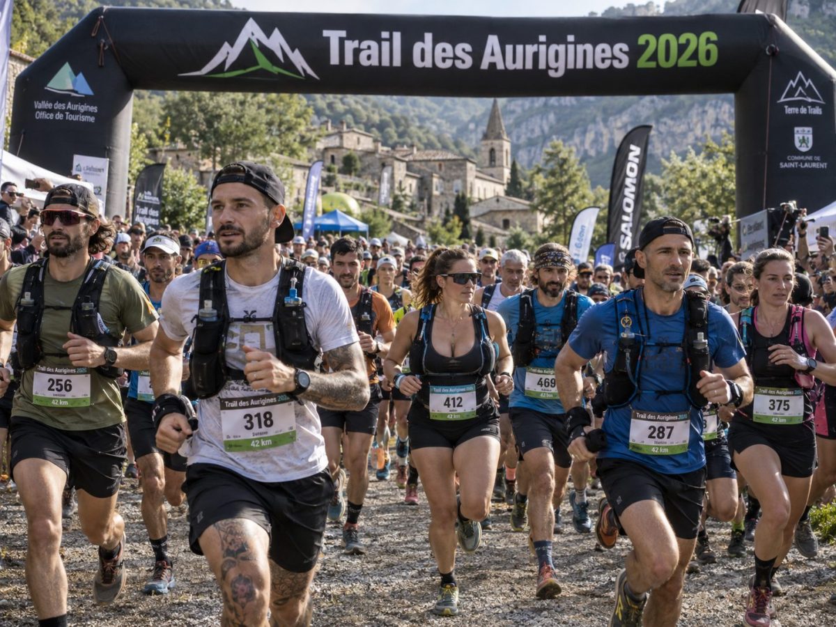 Départ du Trail des Aurigines 2026 avec des coureurs et coureuses portant des dossards et des tenues de trail, sur un chemin caillouteux au pied d'un village de montagne.