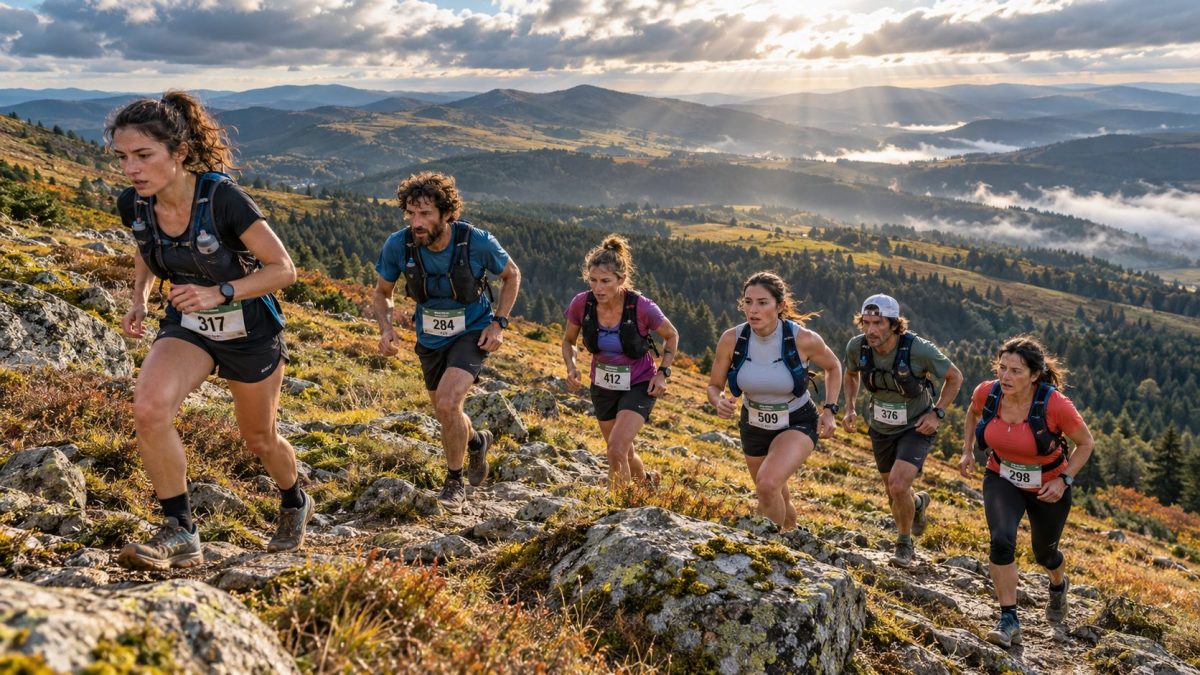 Six coureurs avec dossards gravissent un sentier rocheux dans un paysage automnal inspiré des monts du Forez.