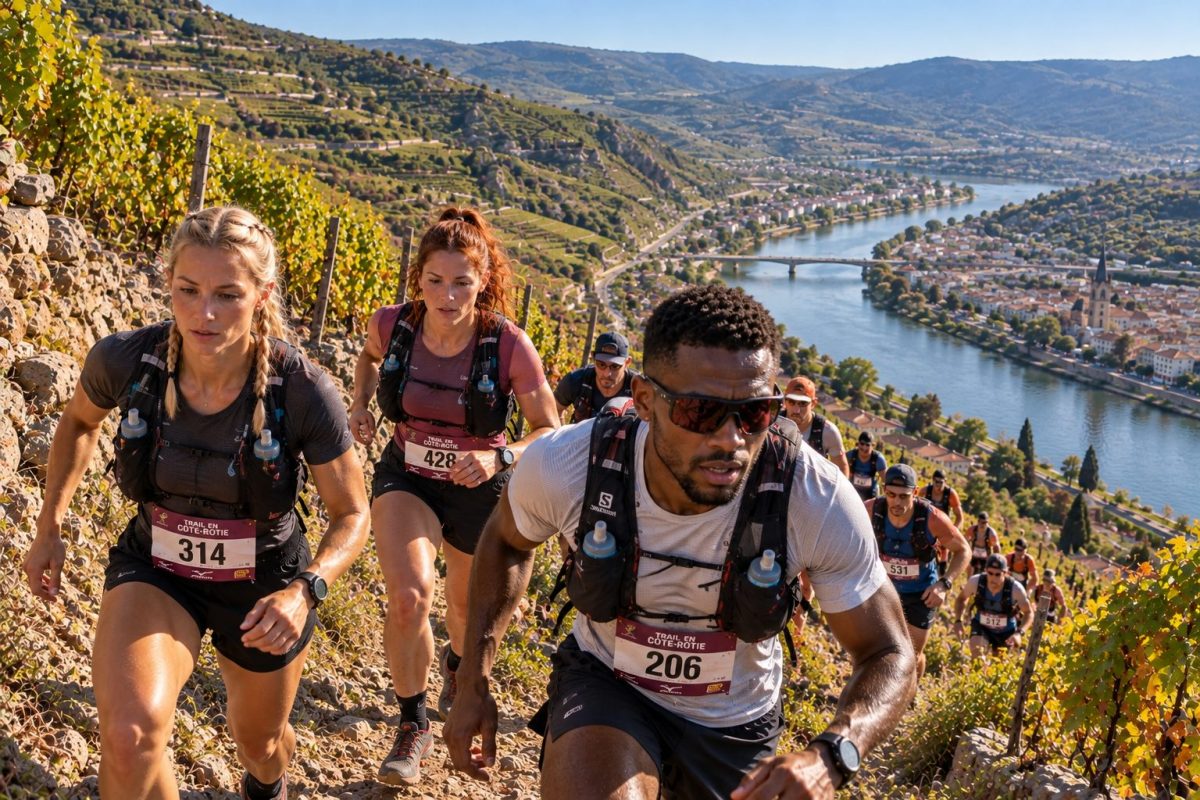Traileurs avec dossards en montée dans les vignobles de Côte-Rôtie à Ampuis avec le Rhône en contrebas lors du Trail en Côte-Rôtie 2026