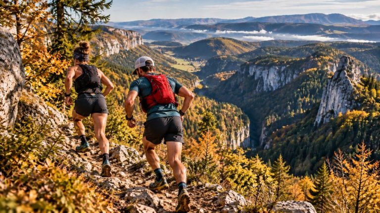 Deux traileurs du Trail des 7 Monts 2026 courant sur un sentier escarpé du Jura à Septmoncel