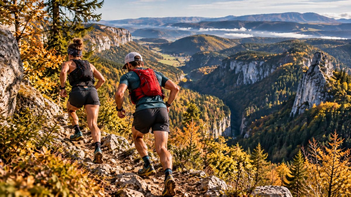 Deux traileurs du Trail des 7 Monts 2026 courant sur un sentier escarpé du Jura à Septmoncel