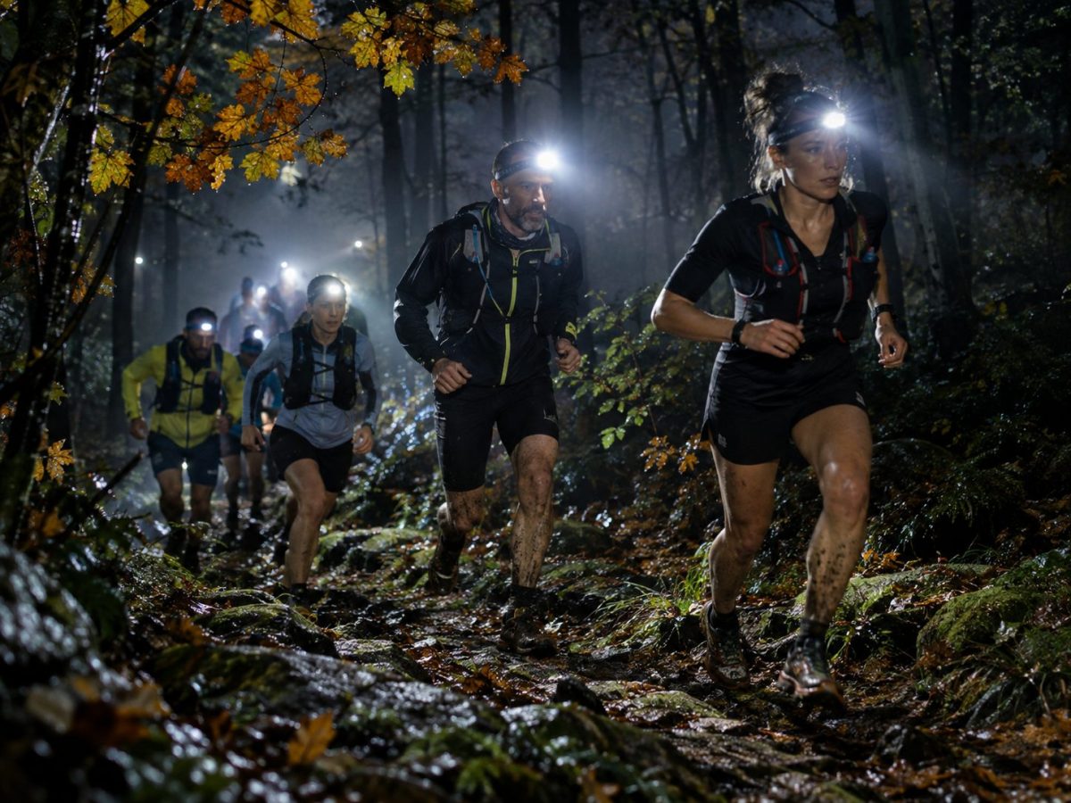 Traileurs équipés de lampes frontales en pleine course de nuit lors du Trail des Lucioles 2026 à Saint-Étienne-de-Montluc