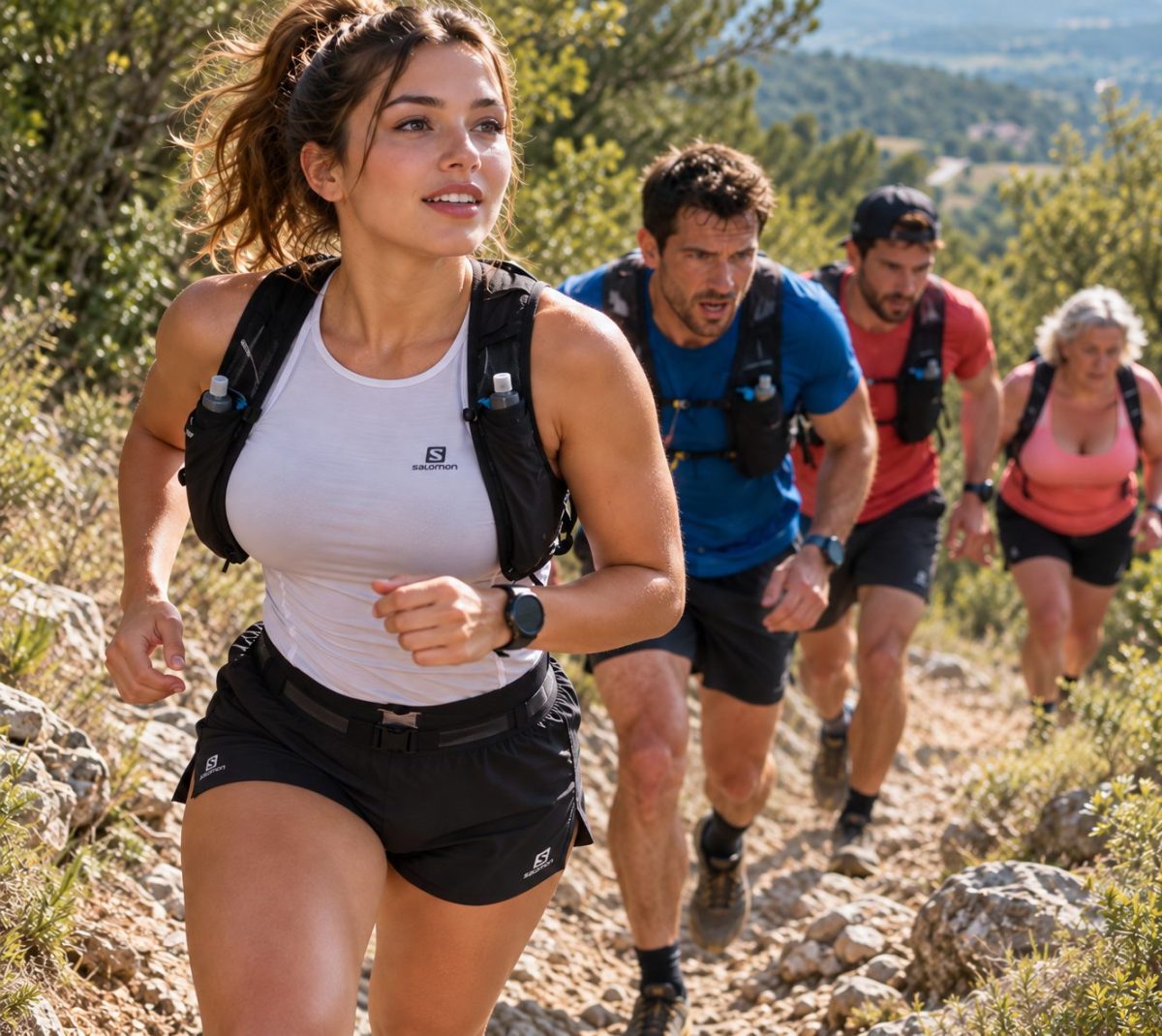 Traileurs en plein effort dans une montée du Trail du Buis 2026 sur un sentier rocheux et boisé