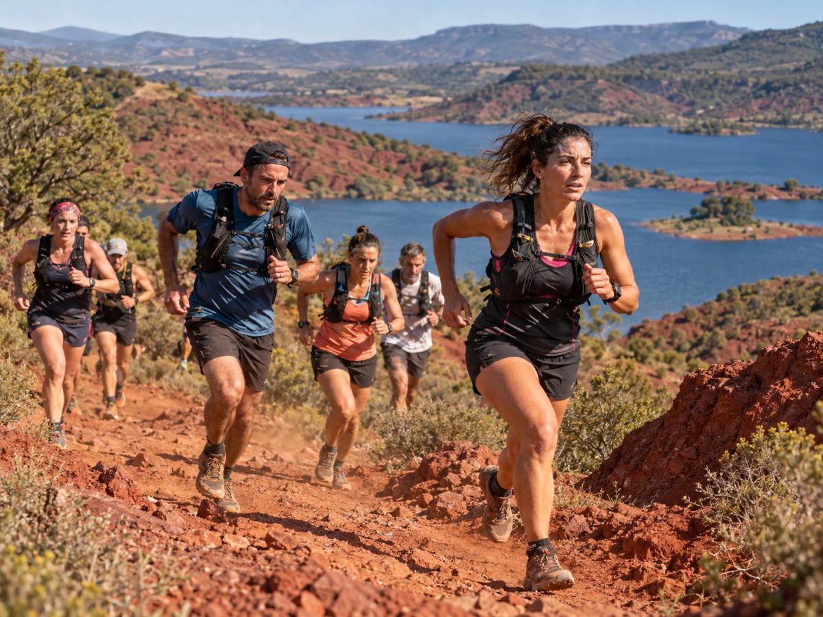 Traileurs du Trail du Salagou 2026 courant sur les terres rouges au-dessus du lac du Salagou à Clermont-l’Hérault