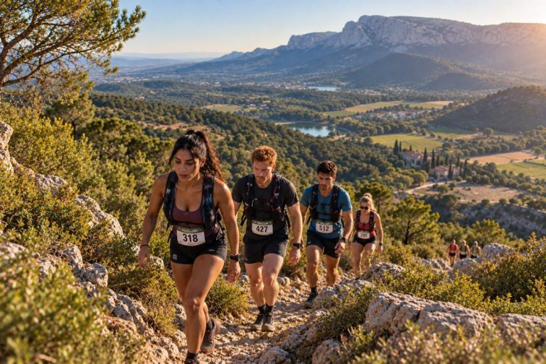 Traileurs avec dossards en montée sur un sentier rocheux avec vue panoramique sur le massif de la Sainte-Baume lors du Trail de l’Escarelle 2026