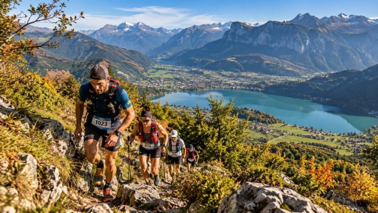 Traileurs en pleine ascension sur les sentiers du Trail de Faverges-Seythenex 2026, avec le lac d’Annecy et les massifs alpins en arrière-plan