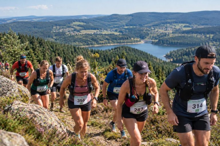 Coureurs et coureuses du Trail du Haut Pilat 2026 sur un sentier en surplomb au-dessus des paysages boisés du Pilat