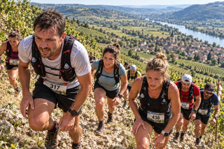 Traileurs en plein effort dans une montée du Trail du Mâconnais 2026 au milieu des vignobles de Saône-et-Loire