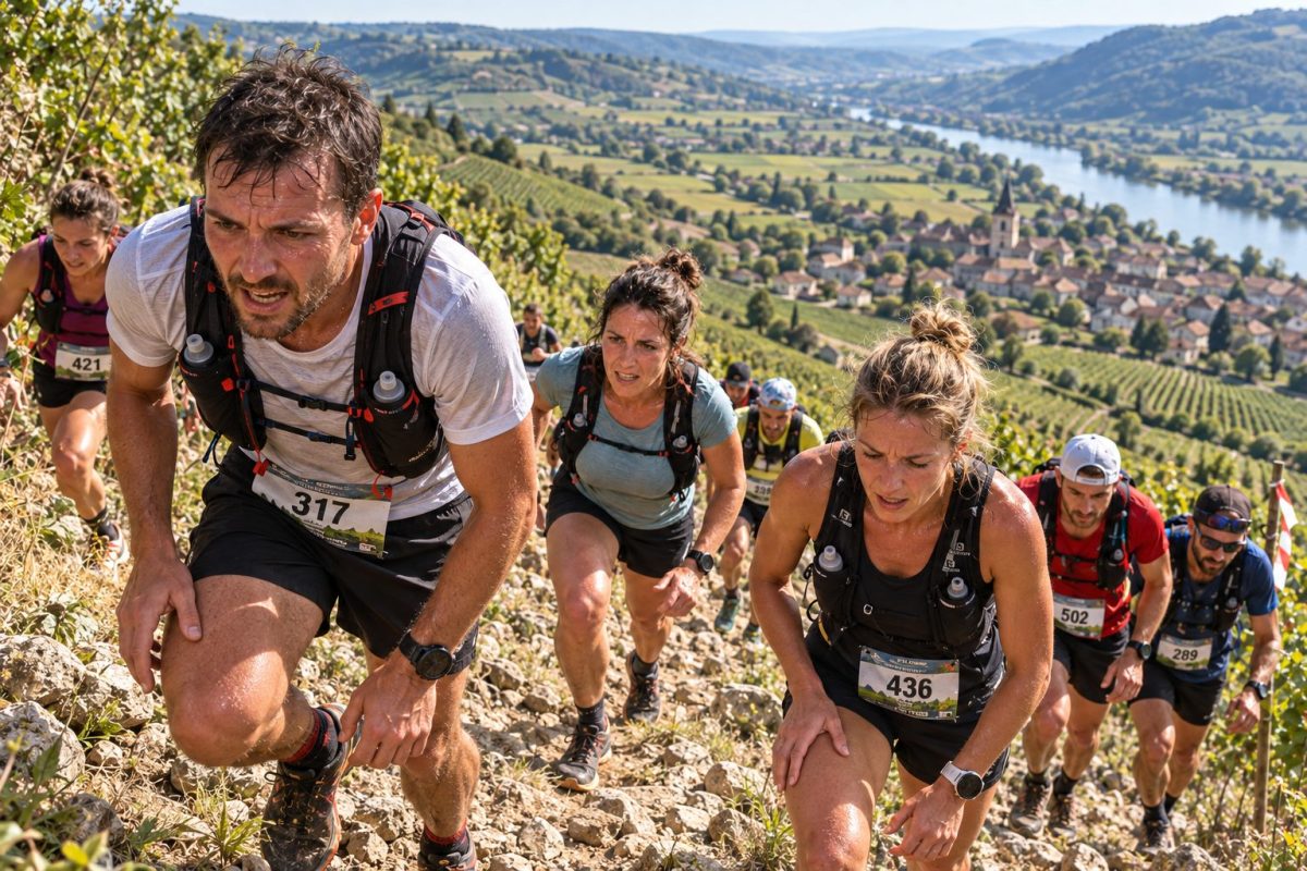 Traileurs en plein effort dans une montée du Trail du Mâconnais 2026 au milieu des vignobles de Saône-et-Loire