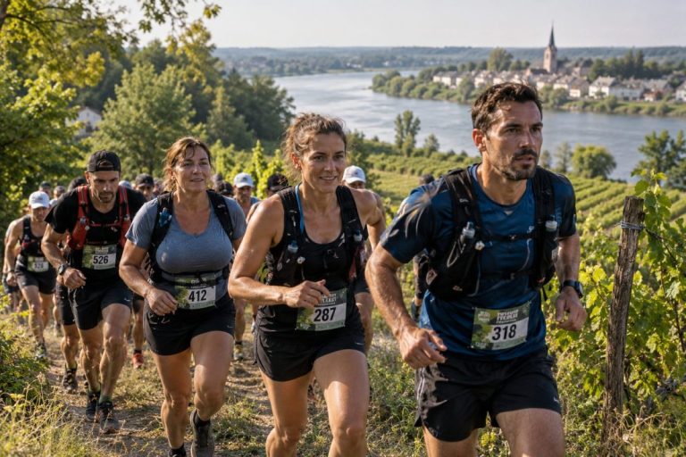 Coureurs sur un sentier du Trail de Mauves en Vert 2026 avec la Loire et les coteaux en arrière-plan