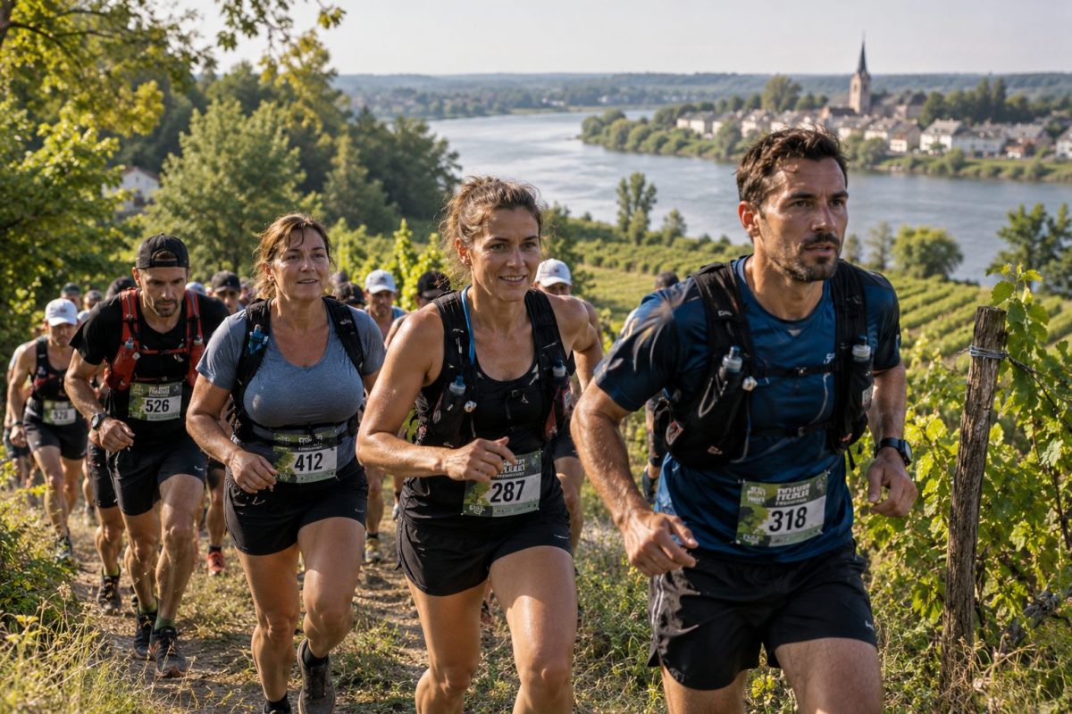 Coureurs sur un sentier du Trail de Mauves en Vert 2026 avec la Loire et les coteaux en arrière-plan