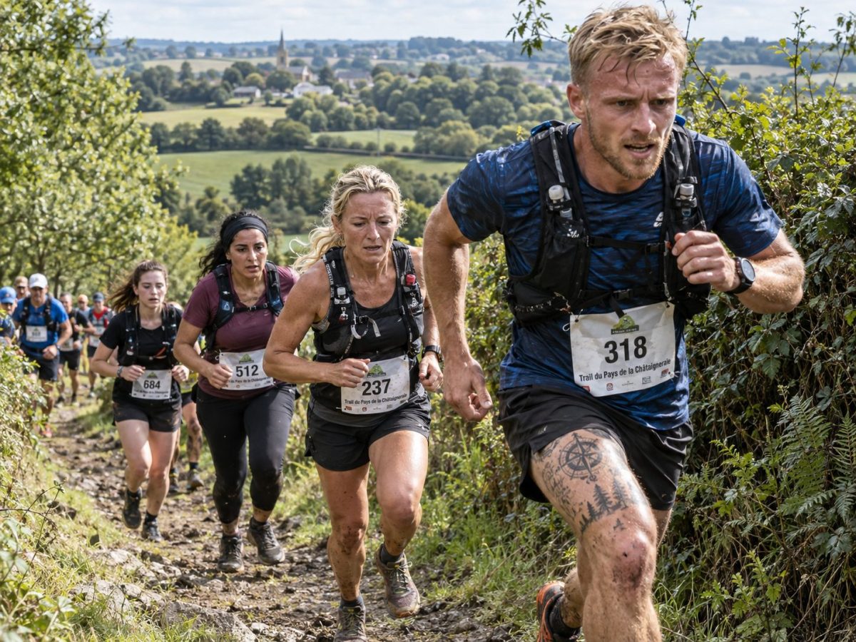 Coureurs et coureuses en pleine montée sur un sentier du bocage vendéen lors du Trail du Pays de la Châtaigneraie 2026