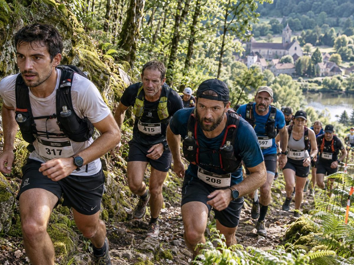 Traileurs en montée sur un sentier boisé lors du Trail du PNR Périgord-Limousin 2026 avec un village en arrière-plan
